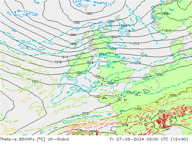 Theta-e 850гПа UK-Global пт 07.06.2024 06 UTC