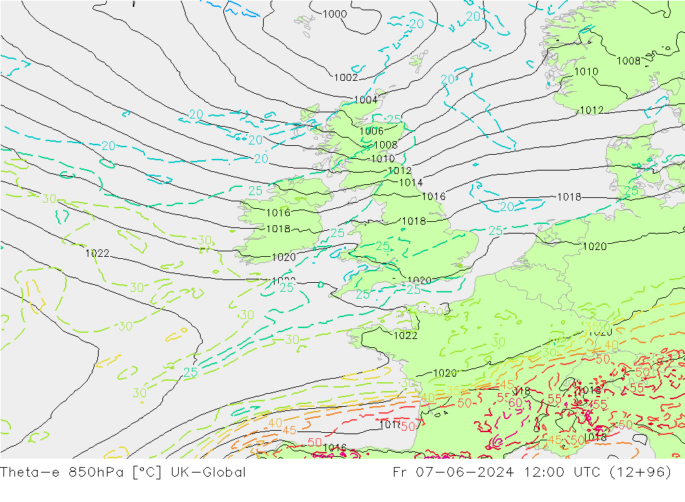 Theta-e 850hPa UK-Global ven 07.06.2024 12 UTC