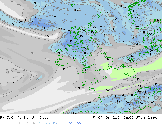 Humedad rel. 700hPa UK-Global vie 07.06.2024 06 UTC