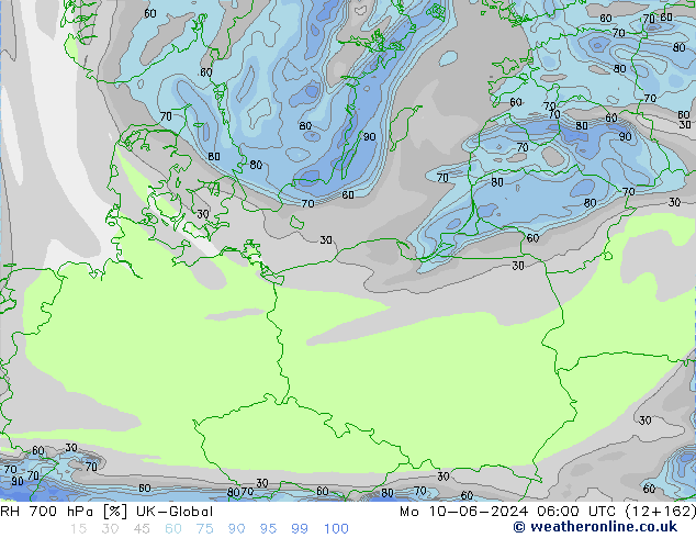 Humidité rel. 700 hPa UK-Global lun 10.06.2024 06 UTC