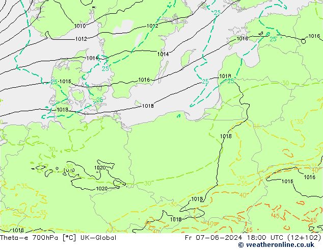 Theta-e 700hPa UK-Global Fr 07.06.2024 18 UTC