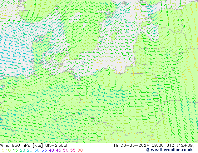 wiatr 850 hPa UK-Global czw. 06.06.2024 09 UTC