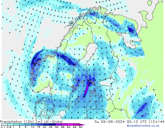 Nied. akkumuliert (12Std) UK-Global So 09.06.2024 12 UTC