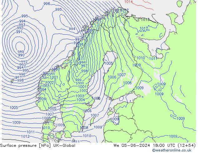 Pressione al suolo UK-Global mer 05.06.2024 18 UTC