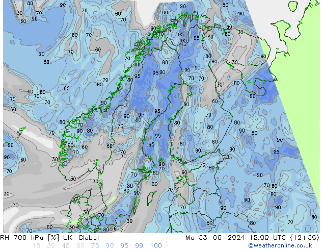 Humedad rel. 700hPa UK-Global lun 03.06.2024 18 UTC