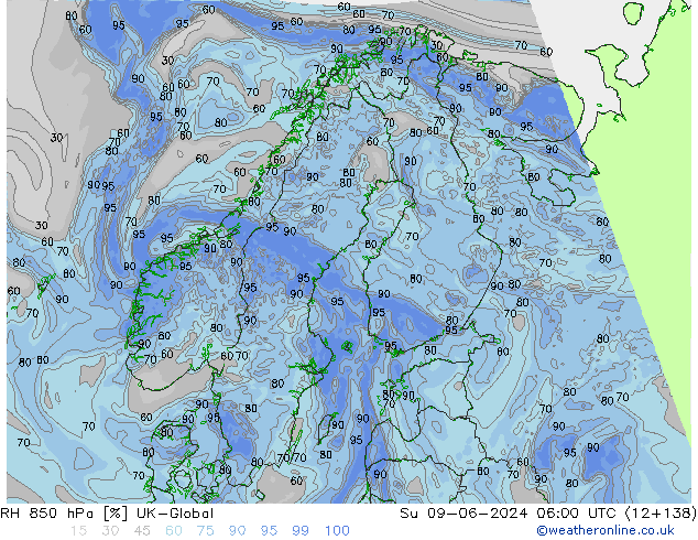 RH 850 hPa UK-Global Su 09.06.2024 06 UTC