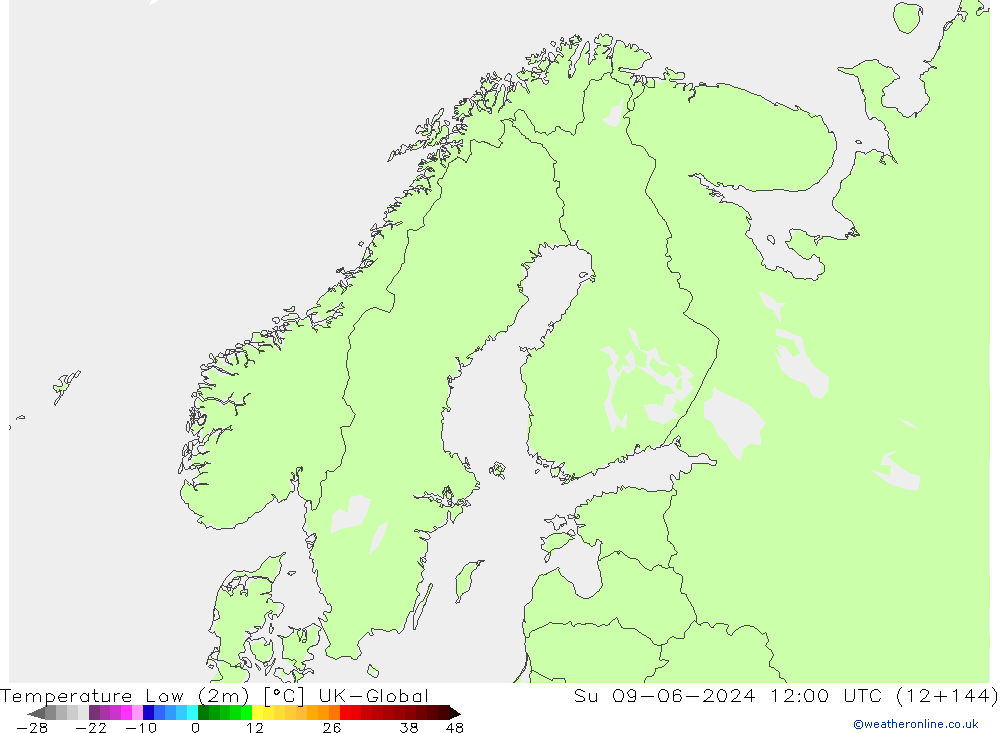 Temperature Low (2m) UK-Global Su 09.06.2024 12 UTC