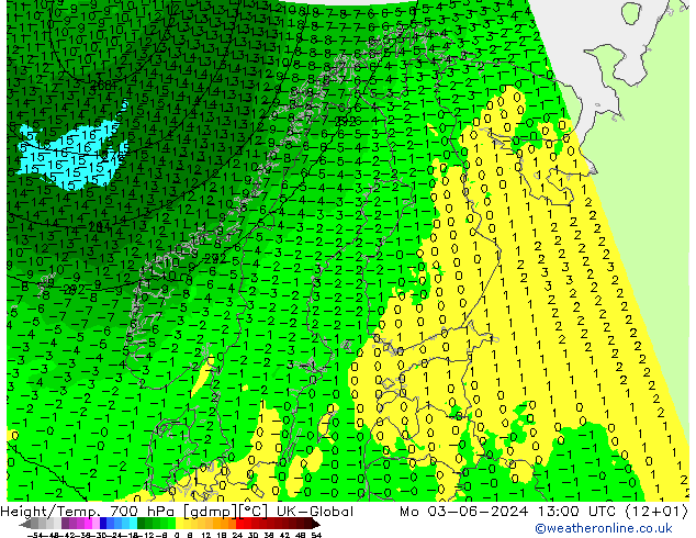 Height/Temp. 700 гПа UK-Global пн 03.06.2024 13 UTC