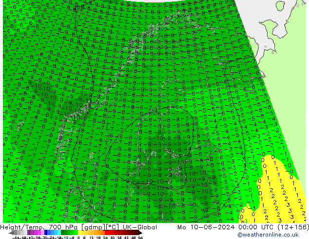Geop./Temp. 700 hPa UK-Global lun 10.06.2024 00 UTC