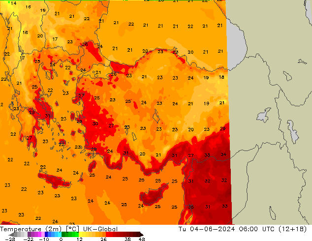 Temperature (2m) UK-Global Tu 04.06.2024 06 UTC