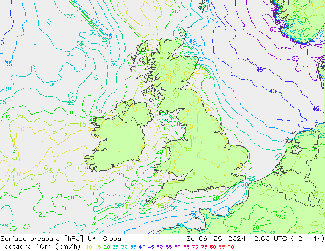 Isotachs (kph) UK-Global  09.06.2024 12 UTC