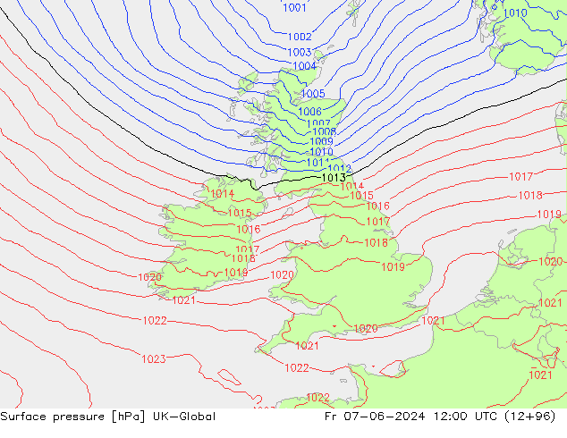 Pressione al suolo UK-Global ven 07.06.2024 12 UTC