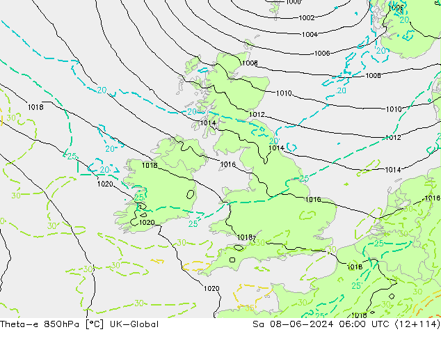Theta-e 850hPa UK-Global  08.06.2024 06 UTC