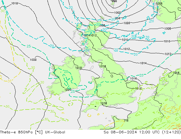 Theta-e 850hPa UK-Global sab 08.06.2024 12 UTC