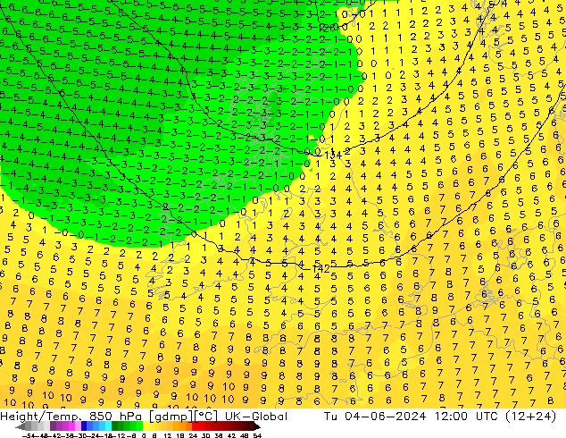 Height/Temp. 850 hPa UK-Global Tu 04.06.2024 12 UTC