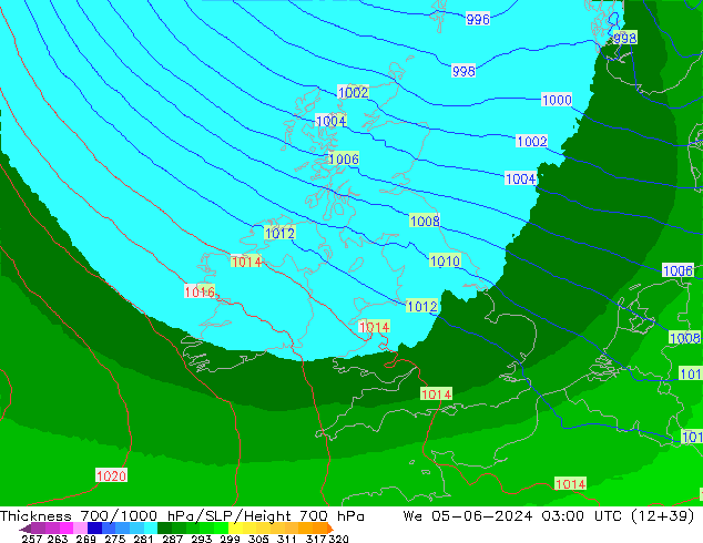 Schichtdicke 700-1000 hPa UK-Global Mi 05.06.2024 03 UTC