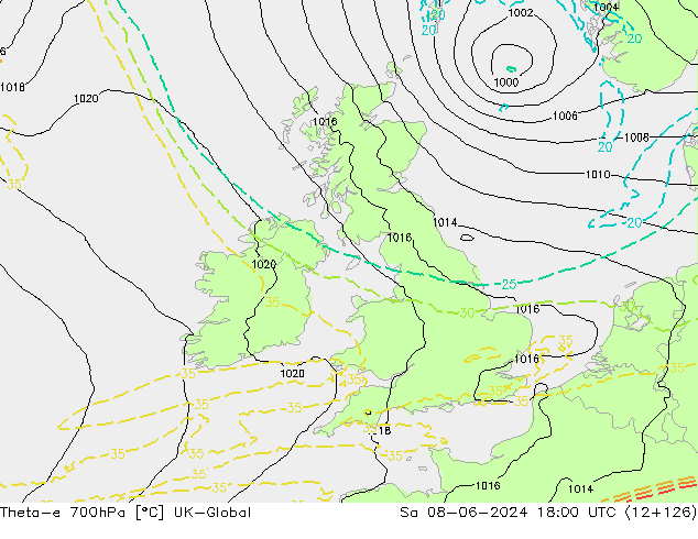 Theta-e 700hPa UK-Global za 08.06.2024 18 UTC