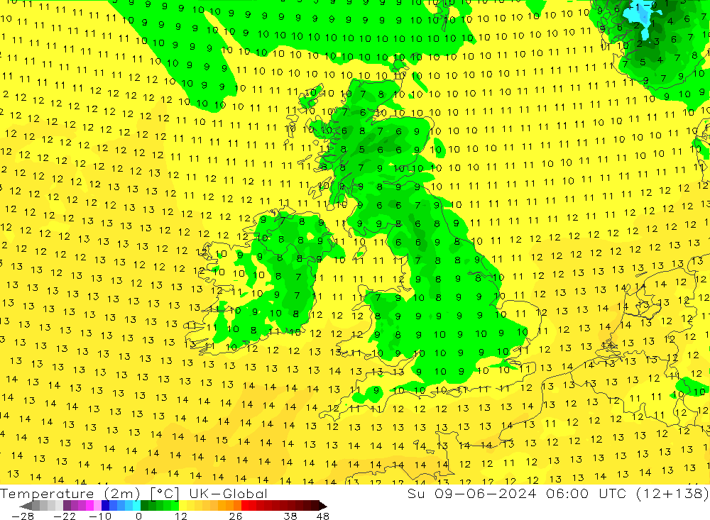 Temperatura (2m) UK-Global dom 09.06.2024 06 UTC