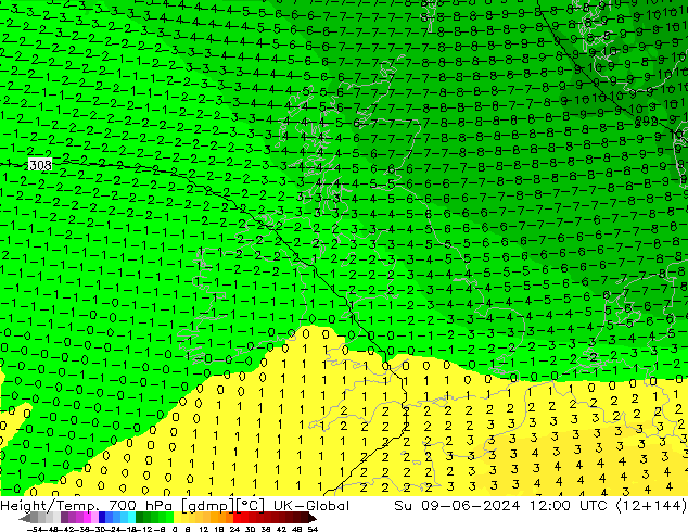 Height/Temp. 700 hPa UK-Global Su 09.06.2024 12 UTC