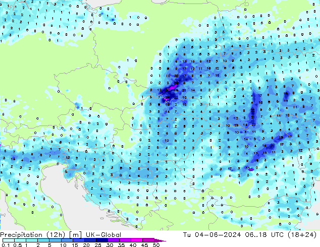 Precipitation (12h) UK-Global Út 04.06.2024 18 UTC