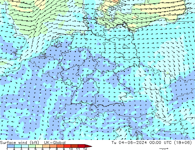 Surface wind (bft) UK-Global Tu 04.06.2024 00 UTC