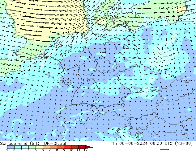 Wind 10 m (bft) UK-Global do 06.06.2024 06 UTC