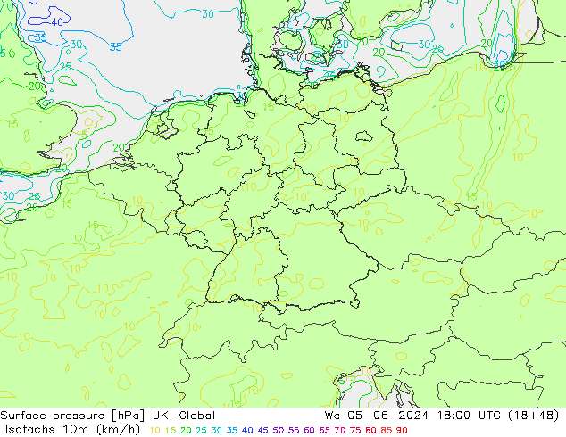 Isotachs (kph) UK-Global mer 05.06.2024 18 UTC