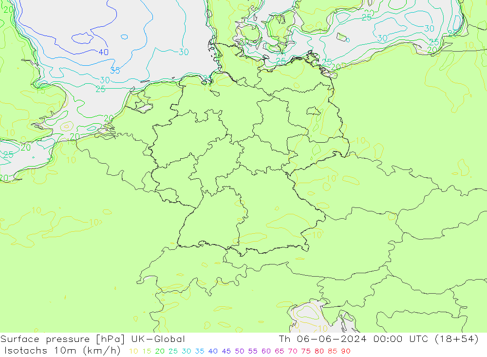 Isotachs (kph) UK-Global jeu 06.06.2024 00 UTC