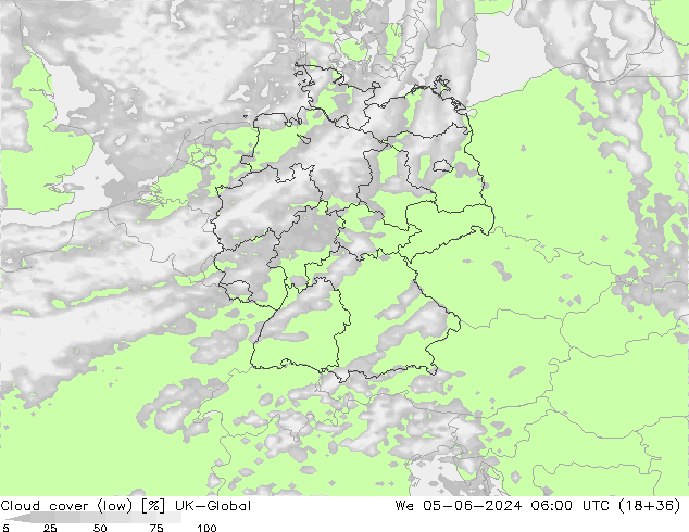 Cloud cover (low) UK-Global We 05.06.2024 06 UTC