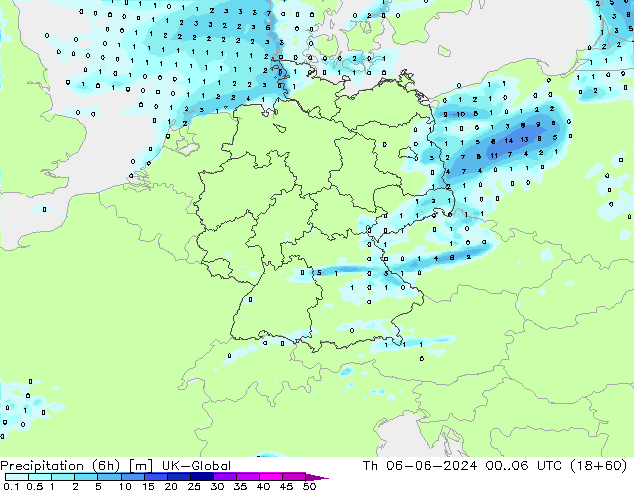 Precipitation (6h) UK-Global Čt 06.06.2024 06 UTC