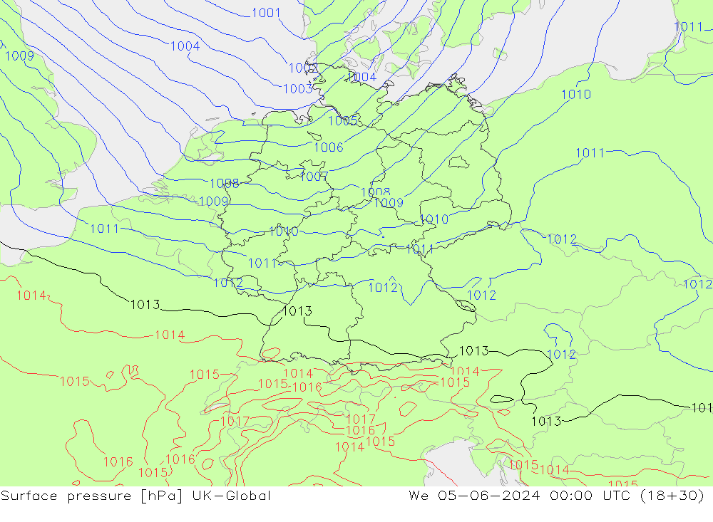 Atmosférický tlak UK-Global St 05.06.2024 00 UTC
