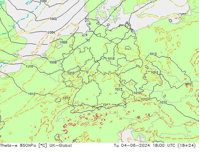Theta-e 850hPa UK-Global Sa 04.06.2024 18 UTC