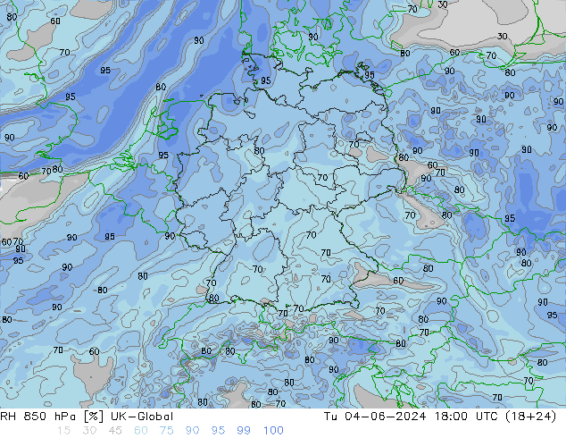 RH 850 hPa UK-Global Tu 04.06.2024 18 UTC