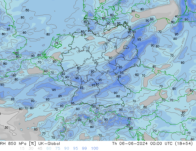 Humedad rel. 850hPa UK-Global jue 06.06.2024 00 UTC