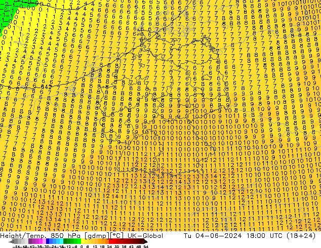 Geop./Temp. 850 hPa UK-Global mar 04.06.2024 18 UTC