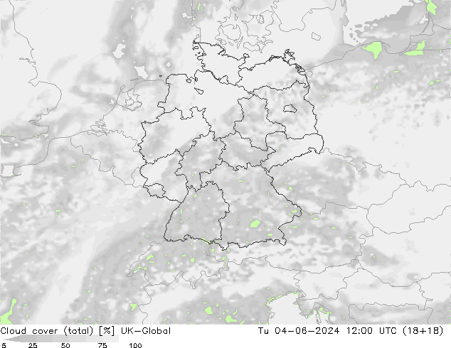 Cloud cover (total) UK-Global Út 04.06.2024 12 UTC
