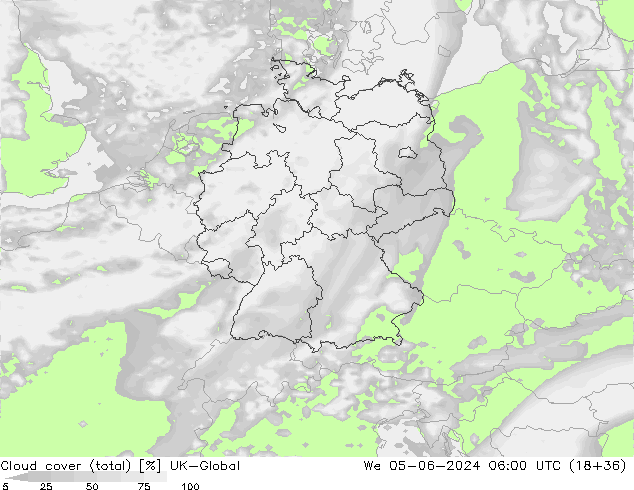 Cloud cover (total) UK-Global We 05.06.2024 06 UTC