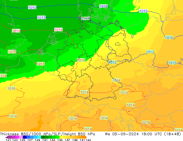 Schichtdicke 850-1000 hPa UK-Global Mi 05.06.2024 18 UTC