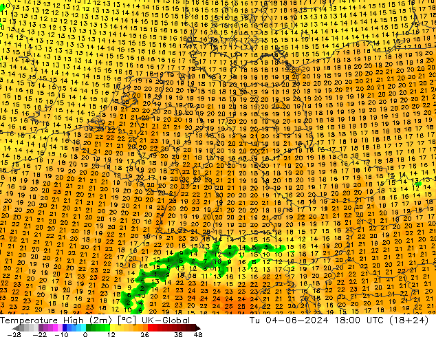 Höchstwerte (2m) UK-Global Di 04.06.2024 18 UTC