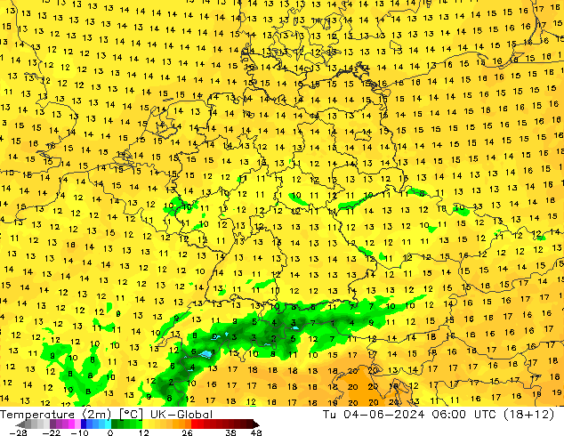 Temperature (2m) UK-Global Tu 04.06.2024 06 UTC