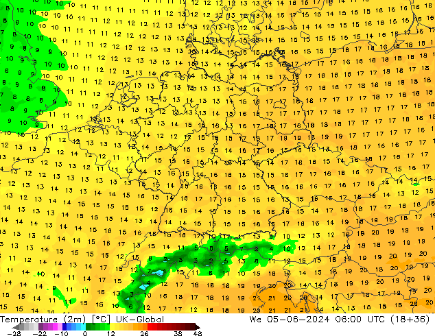 température (2m) UK-Global mer 05.06.2024 06 UTC