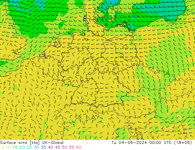 Surface wind UK-Global Út 04.06.2024 00 UTC