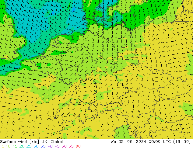 Surface wind UK-Global St 05.06.2024 00 UTC
