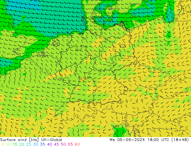 Viento 10 m UK-Global mié 05.06.2024 18 UTC