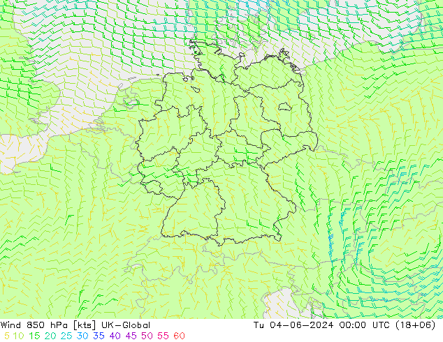 wiatr 850 hPa UK-Global wto. 04.06.2024 00 UTC