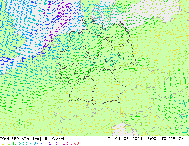 Wind 850 hPa UK-Global Di 04.06.2024 18 UTC