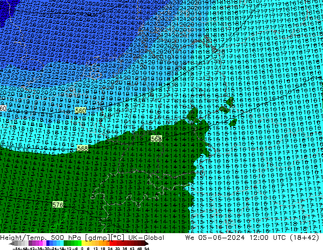 Height/Temp. 500 hPa UK-Global St 05.06.2024 12 UTC