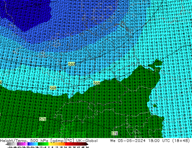 Height/Temp. 500 hPa UK-Global  05.06.2024 18 UTC