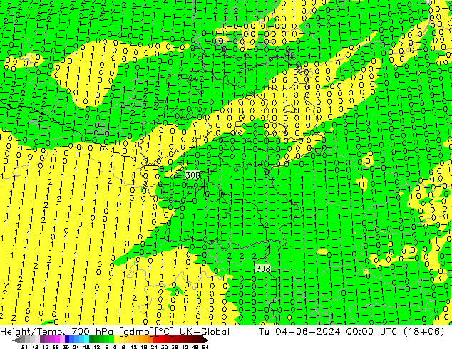 Height/Temp. 700 hPa UK-Global  04.06.2024 00 UTC