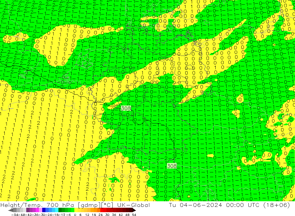 Height/Temp. 700 hPa UK-Global Tu 04.06.2024 00 UTC